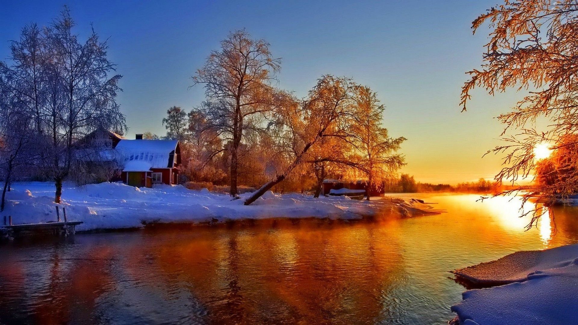 Зима река деревня закат