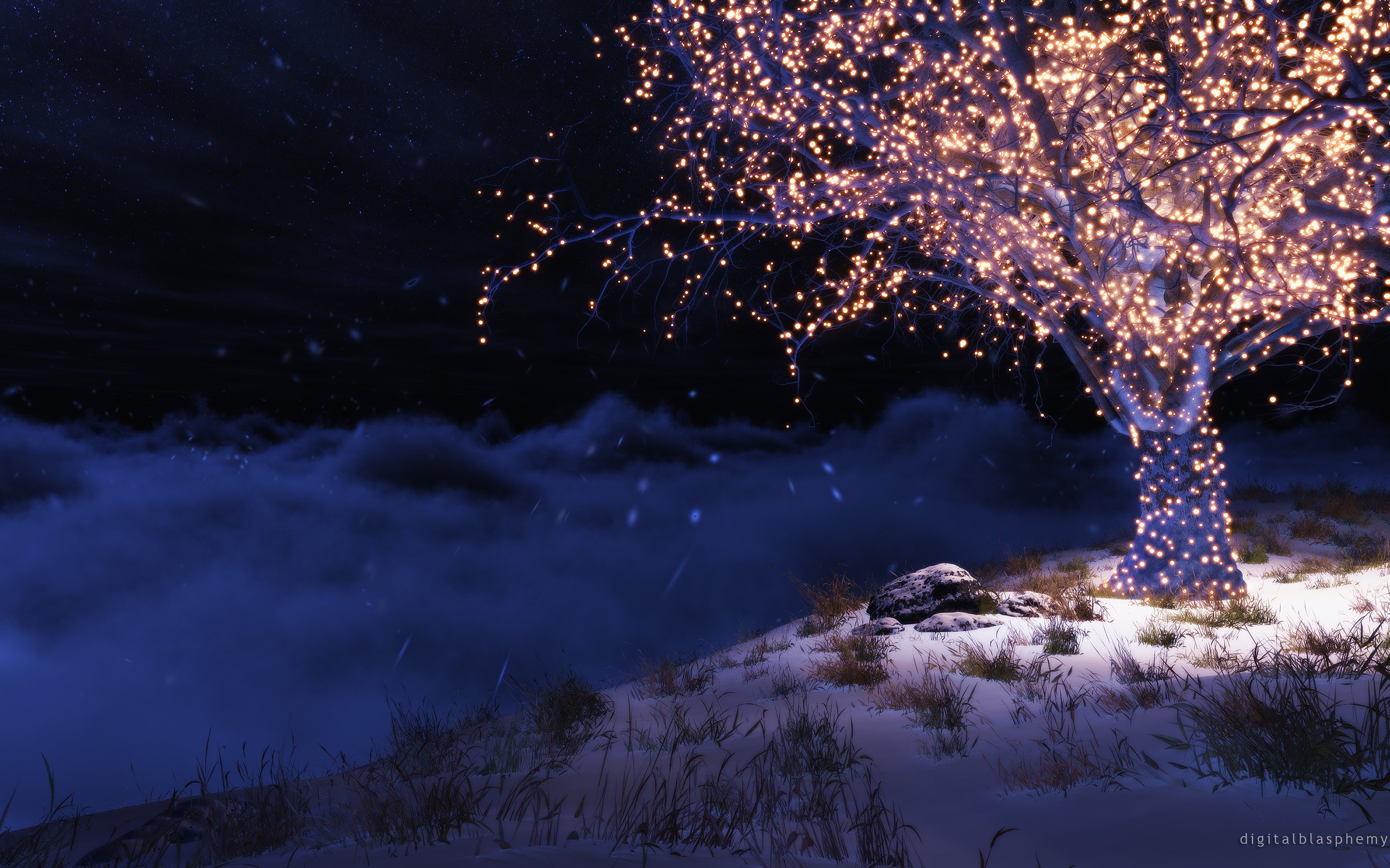 Звезды словно огоньки. Дерево с огоньками. Светящееся дерево. Гирлянда на дереве. Деревья в снегу ночью.