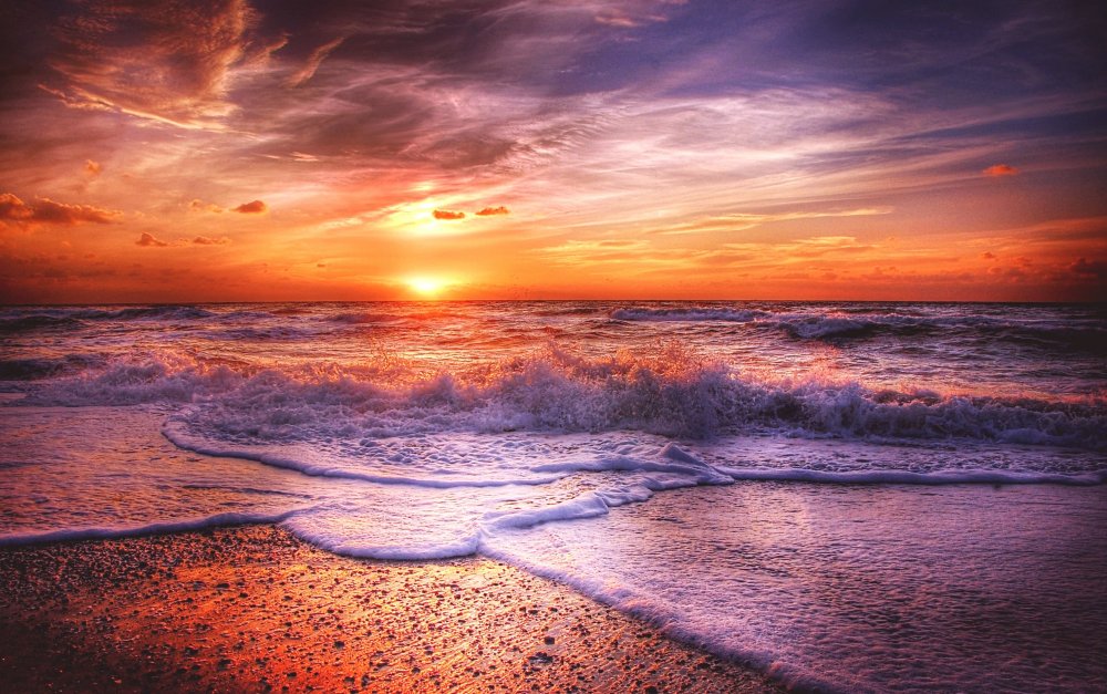 Живописный красочный закат на берегу моря
