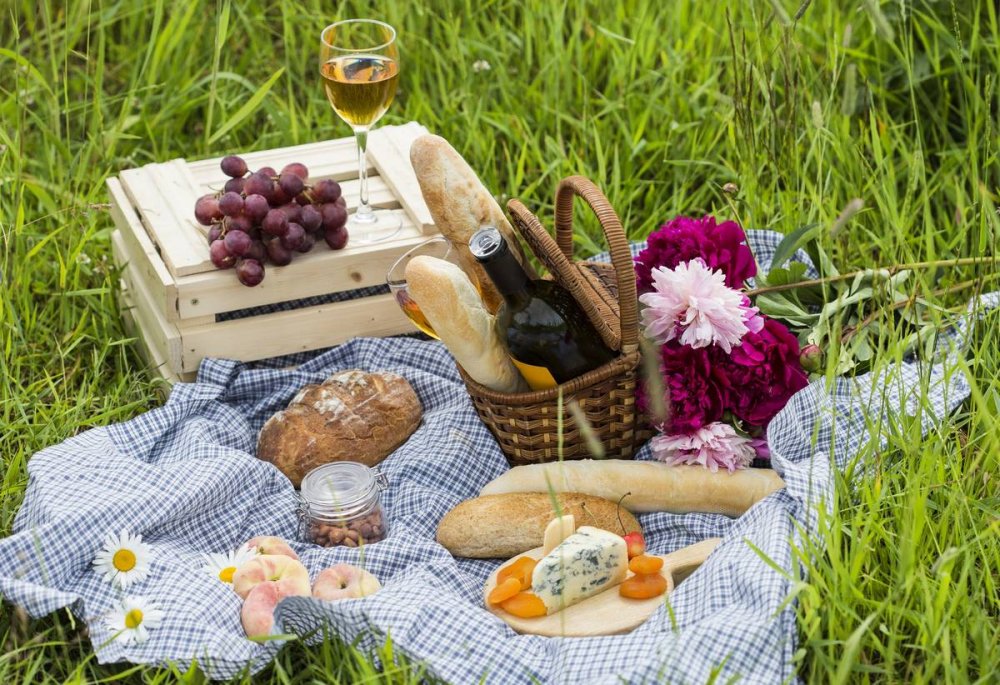 Пикник на траве с шашлыком вином