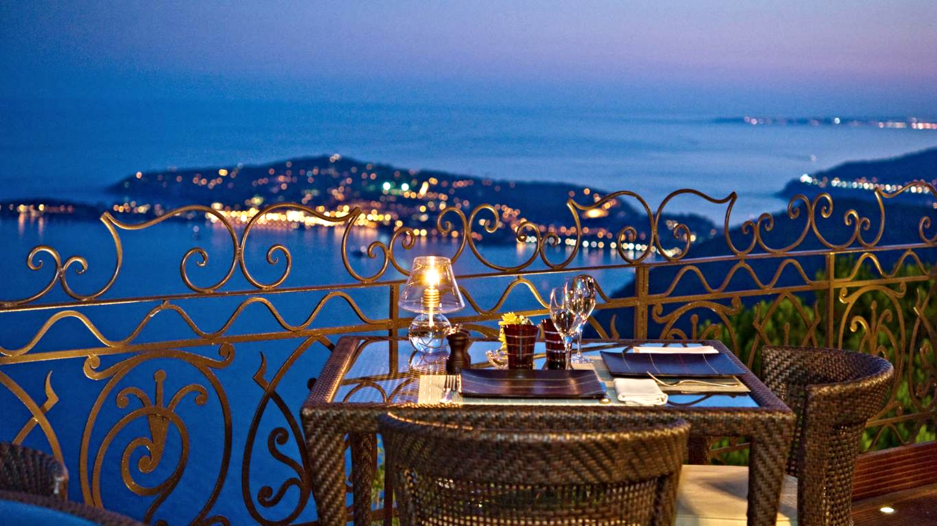 Ялта ужин. Ресторан Chateau de la chevre d’or. В кафе на набережной в Ницце. Столик с видом на море. Вид на море с балкона.