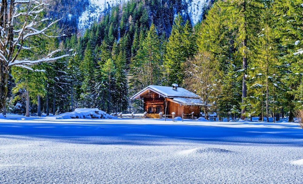 Красивый дом в лесу зимой
