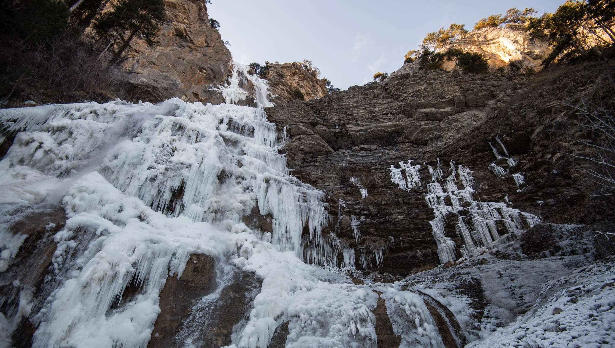 Водопад летящая вода крым. Водопад Учан-Су. Водопад Учан Су замерзший. Водопад Учан-Су в Ялте. Учан-Су водопад зимой.