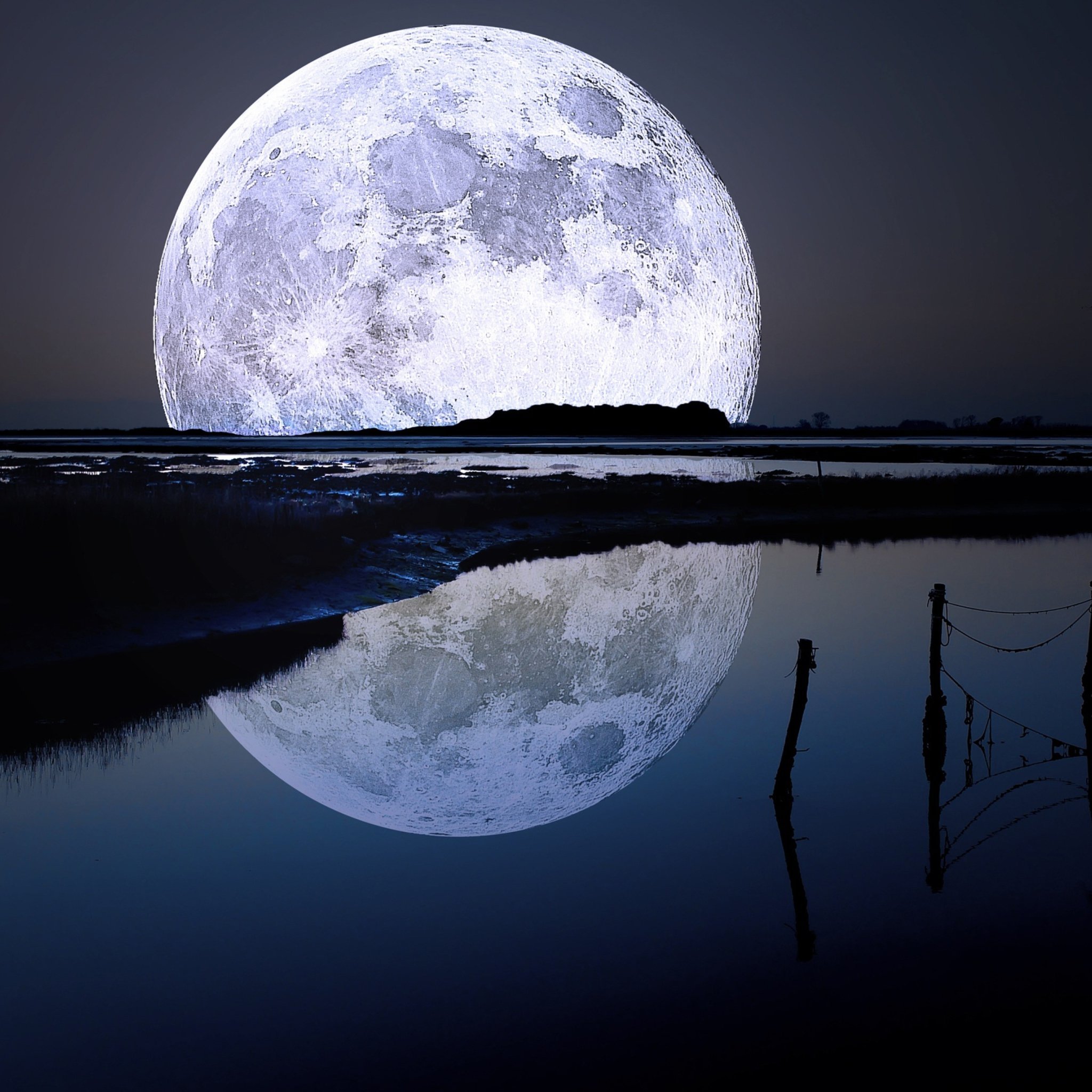 Лунная вода на луне. Огромная Луна. Ночной пейзаж. Красивая Луна. Полнолуние.