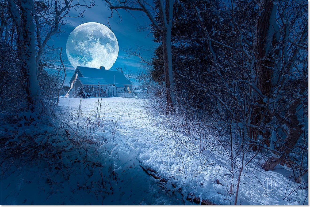 Домик на луне. Зима ночь. Луна зимой. Ночь снег Луна. Полнолуние.