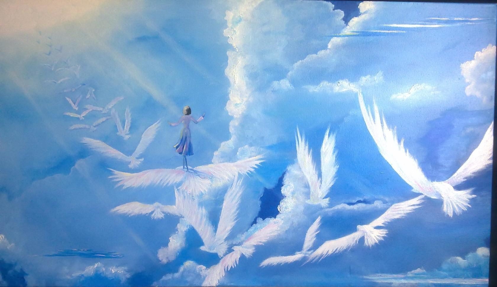 Белая птица новое чудо сюжет. Небесные ангелы. Птицы небесные. Облака живопись. Светлый ангел.