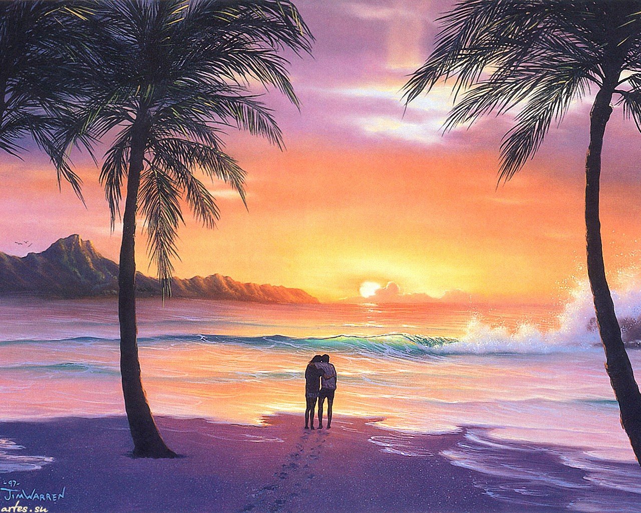 Романтический пейзаж рисунок. Джим Уоррен (Jim Warren) (р.1949). Картины море Джим Уоррен. Романтический пейзаж. Пейзаж с пальмами.