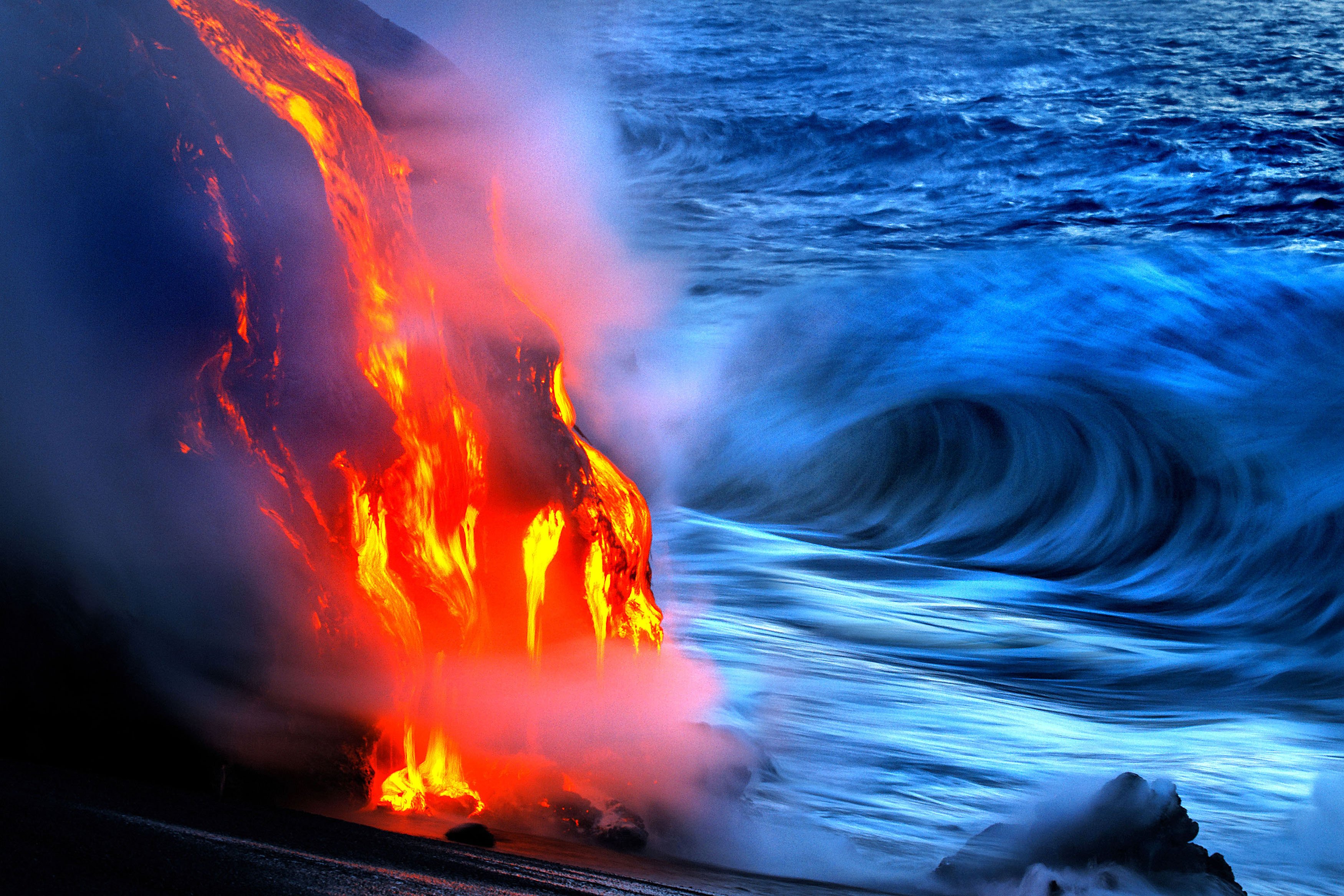 Огонь и вода смысл. Извержение вулкана лава море. Килауэа вулкан синее пламя. Огонь и море. Стихии природы.