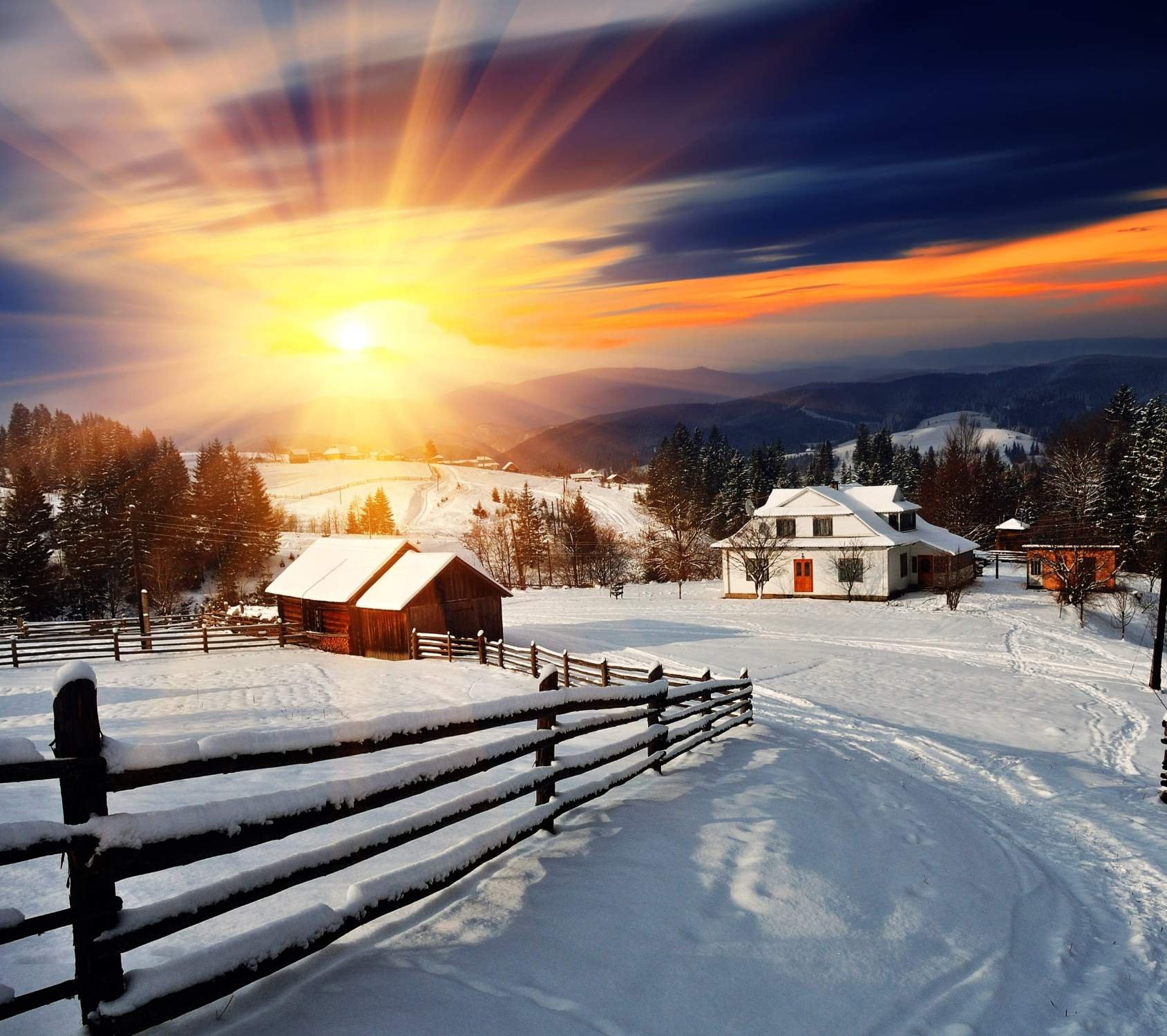 Зима в деревне, красивая нарисованная картинка