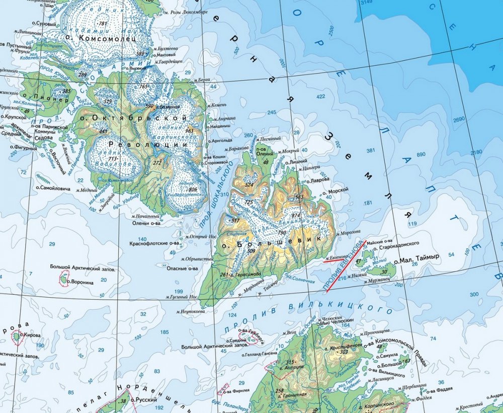 Открой карту островов. Остров Большевик в архипелаге Северная земля. Карта острова Большевик Северная земля. Острова Северная земля на карте. Пролив Вилькицкого.