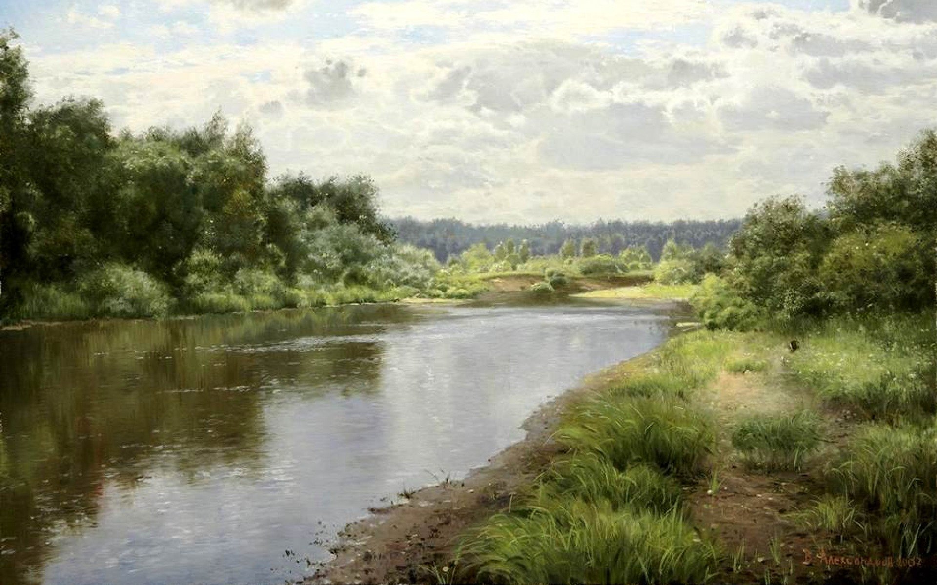 Речка ш. Пейзаж маслом река Клязьма. Река Люнда картина Александрова.