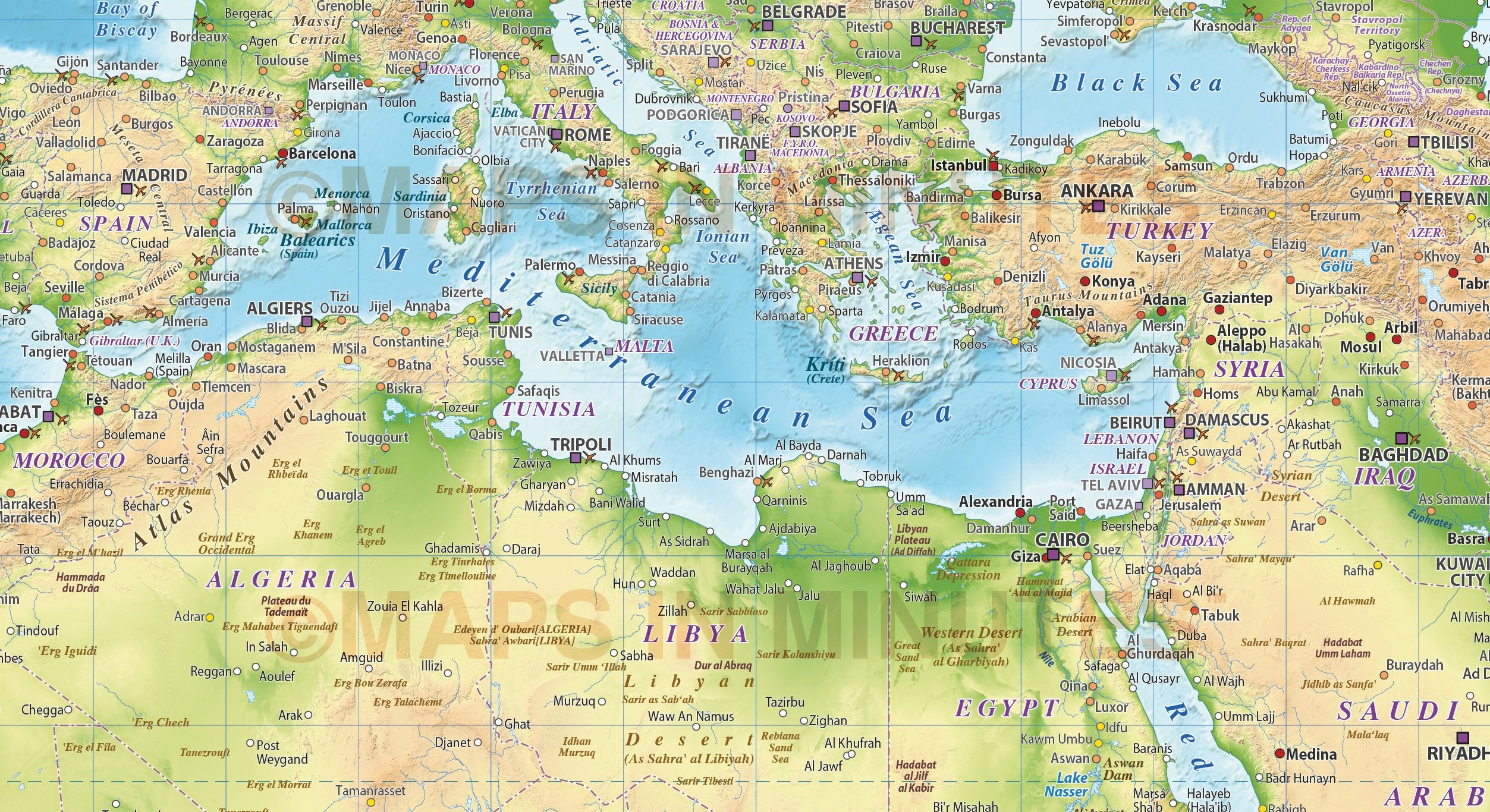 Средиземный океан на карте. Географическая карта бассейна Средиземного моря. Карта морей Средиземноморья. Физ карта Средиземного моря.