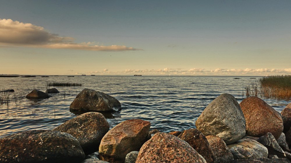 Каменный берег финского залива в Санкт Петербурге